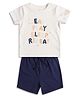 MINI KLUB Cotton Knit Half Sleeves Eat Play Sleep Repeat Text Printed Tee & Shorts Night Suit - White & Blue