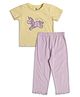 MINI KLUB Cotton Knit Half Sleeves Unicorn Printed Top & Pajama Night Suit - Yellow & Lavender