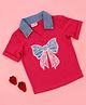 Cutecumber Cotton Knit Half Sleeves Bow Patch Detailed Beads & Pearl Embellished Top - Fuchsia