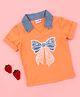 Cutecumber Cotton Knit Half Sleeves Bow Patch Detailed Beads & Pearl Embellished Top - Orange