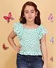 Cutecumber Cotton Knit Half Flutter Sleeves Heart Printed Smocked Top - Green