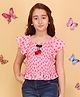 Cutecumber Cotton Knit Half Flutter Sleeves Heart Printed Cherry Applique Detailed Smocked Top - Pink