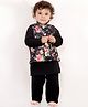 Little Bansi Cotton Knit Full Sleeves Solid Colour Kurta Pajama Set With Floral Printed Nehru Jacket - Black