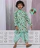Little Bansi Cotton Woven Full Sleeves Kurta & Dhoti Set with Floral Bird Print - Sea Green