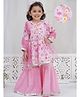 Little Bansi Muslin Woven Full Sleeves Flamingo Printed Kurta With Lace Worked Gharara set With Dupatta & Floral Applique - Pink