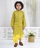 Little Bansi Cotton Woven Full Sleeves Self Floral Weaving Kurta with Dhoti & Pearl Buttons - Limegreen