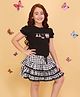Cutecumber Cotton Knit Half Puffed Sleeves Bow & Purse Printed Top & Skirt Set - Black