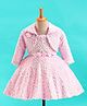 Enfance Fur Woven Full Sleeves Party Dress With Jacket With Corsage - Pink