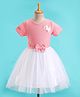 Enfance Net Woven Half Sleeves Party Dress With Bow Applique - Peach