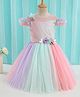 Enfance Net Woven Frill Short Sleeves Shimmer Bodice & Corsage Fit & Flare Cold Shoulder Party Dress - Peach