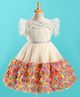 Enfance Net Woven Sleeveless Glitter Printed Party Dress With Floral Applique & Lace Detailing - White