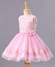 Enfance Net Woven Sleeveless Glitter Printed Party Dress With Lace Detailing & Floral Applique  - Pink
