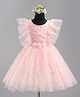 Enfance Net Woven Frill Sleeves Constellations Foil Printed Party Dress With Floral Applique - Peach