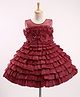 Enfance Net Woven Sleeveless Layered Party Dress With Floral Applique & Embellishment - Maroon