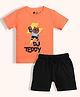 Orange Sugar 100% Cotton Knit Half Sleeves DJ Teddy Printed Tee & Shorts Set - Orange & Black