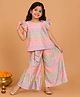 Kiddopanti Woven Frill Sleeves Floral Embroidered Top & Palazzo Set - Peach & Green
