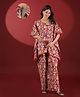 Aujjessa Cotton Woven Half Sleeves Ethnic Theme Printed Coordinating Maternity Kaftan Night Suit With Front Zipper Nursing Access - Coral