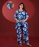 Aujjessa Cotton Woven Half Sleeves Floral Printed Coordinating Maternity Kaftan Night Suit With Front Zipper Nursing Access - Royal Blue
