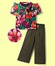 Ollington ST. Georgette Woven Floral Printed Half Sleeves Top & Waffle Culottes- Multicolor & Olive