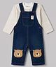 Little Kangaroos Knitted Full Sleeves Striped Dungaree With Bear Patch -Navy Blue