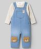 Little Kangaroos Knitted Full Sleeves Striped Dungaree With Bear Patch - Light Blue