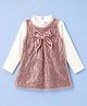Little Kangaroos Woven Bow Applique Sequinned Winter Frock with Full Sleeves Inner Tee - Light Red