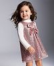 Little Kangaroos Woven Bow Applique Sequinned Winter Frock with Full Sleeves Inner Tee - Light Red