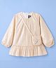 Little Kangaroos Woven Full Sleeves Foil Printed Party Frock With Sling Bag - Cream