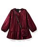 Little Kangaroos Woven Full Sleeves Solid Colour Drop Waist Party Dress with Sling Bag - Maroon