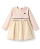 Little Kangaroos Cotton Rib Knit Winter Frock with Full Sleeves and Heart Applique in Light Brown for 12-18 Months