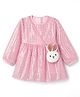 Little Kangaroos Cotton Woven Full Sleeves Winter Frocks With Sequins & Sling Bag- Pink