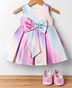Blabber Satin Woven Sleeveless Stone Embellished Bow Applique Detailed Ombre Pleated Knee Length Dress With Booties - Multi Colour