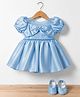 Blabber Half Puffed Sleeves Beads Embellished Bow Applique Detailed Knee Length Dress With Booties - Sky Blue