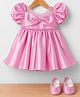 Blabber Satin Woven Half Puffed Sleeves Beads Embellished Bow Applique Detailed Knee Length Dress With Booties - Onion Pink