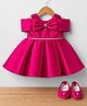 Blabber Satin Woven Half Cold Shoulder Sleeves Stone Embellished Bow Applique Detailed Pleated Knee Length Dress With Booties - Cherry