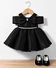 Blabber Half Cold Shoulder Sleeves Stone Embellished Bow Applique Detailed Pleated Knee Length Dress With Booties - Black