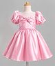Blabber Half Puffed Sleeves Beads Embellished Bow Applique Detailed Knee Length Pleated Dress - Onion Pink