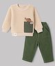 Little Kangaroos Fleece Knit Full Sleeves Winter Wear Suits With Dino Applique - Beige & Green