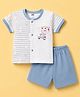 Pink Rabbit Single Jersey Knit Half Sleeves Bear Printed & Striped T-Shirt & Shorts Night Suit - Light Blue