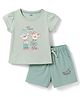 Pink Rabbit Sinker Knit Half Sleeves Top & Shorts Set with Bear Print - Green