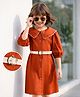 Hola Bonita 100% Cotton Woven Full Sleeves Solid Dress With Belt - Rust Orange