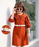 Hola Bonita 100% Cotton Woven Full Sleeves Solid Dress With Belt - Rust Orange