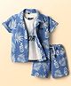 Dapper Dudes Cotton Knit Half Sleeves Leaves Print Shirt with Tee & Shorts - Blue