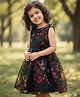 KIDSDEW Organza Woven Sleeveless Floral Printed Pleated Dress - Black
