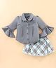 Enfance Three Fourth Sleeves Lace Detailing Top & Solid Camisole With Chequered Skirt Set - Blue
