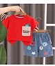 POP STREET KIDS Cotton Blend Knit Half Sleeves Relax Day Takeoff Text Embroidered Tee & Shorts Set - Red
