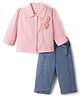 ToffyHouse Poplin Woven Top and Denim Pant Set with Full Sleeves & Floral Applique - Light Pink