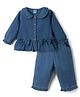ToffyHouse Woven Full Sleeves Top & Denim Pants Set With Bow Applique - Light Blue