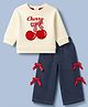 ToffyHouse Fleece Woven Full Sleeves Winter Wear Suit With Cherry Print & Bow Applique - Off-White