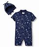 Junior Star Half Sleeves Nautical Theme Printed Coordinating Romper & Ear Applique Detailed Cap - Blue